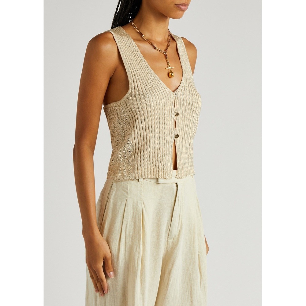 Free People Seascape Vest XL Shimmer Crop Tank Gold Cream Coastal Beachy 90s Y2K